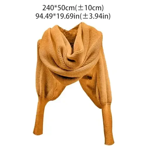 Ginger Autumn Winter Knitted Crochet Shawl Wrap with Sleeves, Warm Women's Scarf Top for Cold Weather - 6