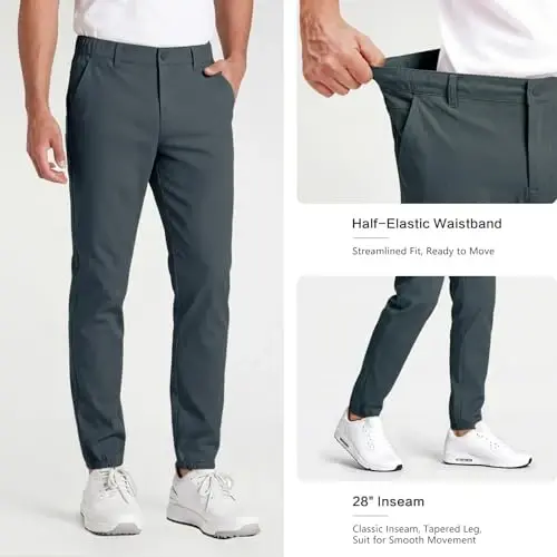 GINGTTO Mens Golf Pants Joggers Slim Fit Tapered Stretch Black 28in Inseam | Lightweight, 4 way Stretch, Athletic fit, Stretch waist, Zipper pockets, Versatile for golf, dress and casual occasions. - 5