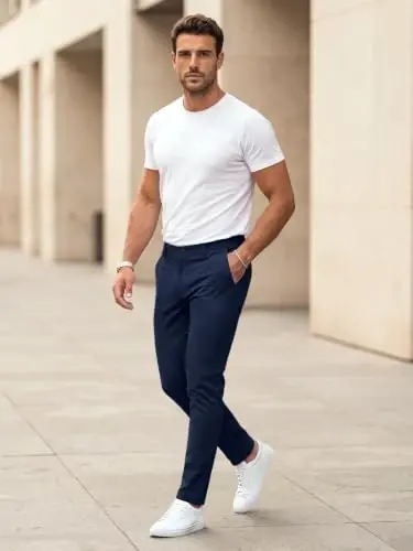 GINGTTO Mens Dress Pants Stretch Slim Fit Tapered Leg | Flat front slacks,Business casual trousers for men. - 3