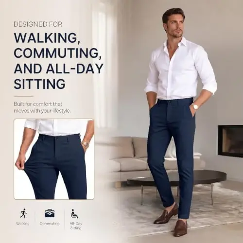 GINGTTO Mens Dress Pants Stretch Slim Fit Tapered Leg | Flat front slacks,Business casual trousers for men. - 6