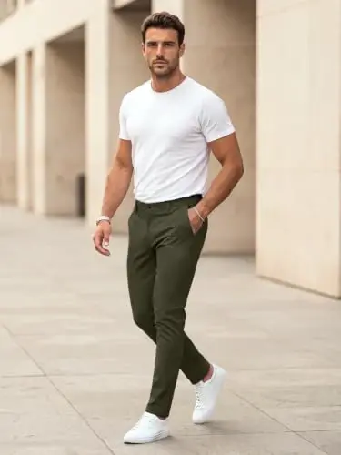 GINGTTO Mens Dress Pants Stretch Slim Fit Tapered Leg | Flat front slacks,Business casual trousers for men. - 3