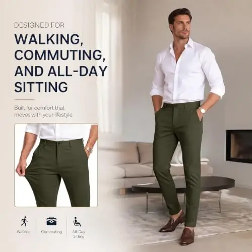 GINGTTO Mens Dress Pants Stretch Slim Fit Tapered Leg | Flat front slacks,Business casual trousers for men. - 6