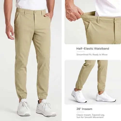 GINGTTO Mens Golf Pants Joggers Slim Fit Tapered Stretch Black 28in Inseam | Lightweight, 4 way Stretch, Athletic fit, Stretch waist, Zipper pockets, Versatile for golf, dress and casual occasions. - 5