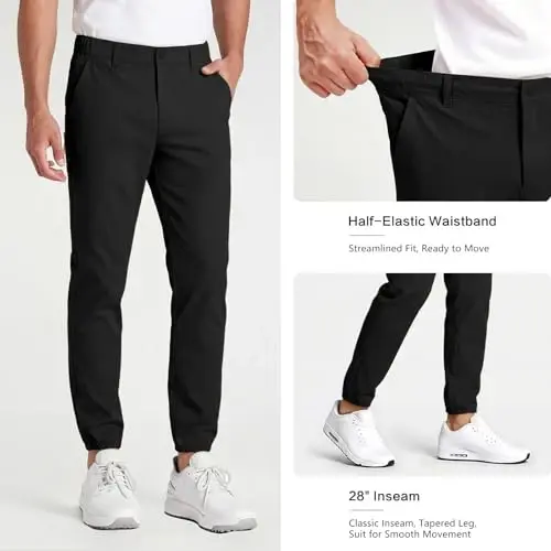 GINGTTO Mens Golf Pants Joggers Slim Fit Tapered Stretch Black 28in Inseam | Lightweight, 4 way Stretch, Athletic fit, Stretch waist, Zipper pockets, Versatile for golf, dress and casual occasions. - 5
