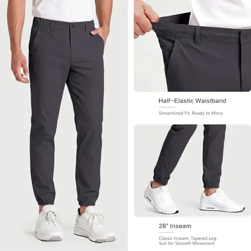 GINGTTO Mens Golf Pants Joggers Slim Fit Tapered Stretch Black 28in Inseam | Lightweight, 4 way Stretch, Athletic fit, Stretch waist, Zipper pockets, Versatile for golf, dress and casual occasions. - 6