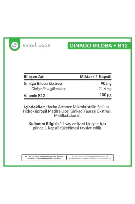 Smart Caps Ginkgo Biloba + B12 60 Kapsül - 4