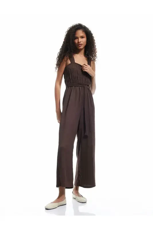 Gipeli Kare Yaka Kolsuz Beli Kuşaklı Geniş Paça Tulum Bürümcük-Kahve - 2