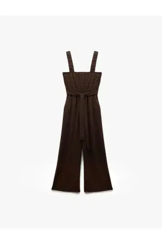 Gipeli Kare Yaka Kolsuz Beli Kuşaklı Geniş Paça Tulum Bürümcük-Kahve - 3