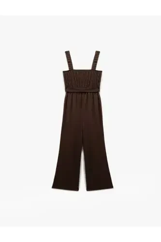 Gipeli Kare Yaka Kolsuz Beli Kuşaklı Geniş Paça Tulum Bürümcük-Kahve - 4