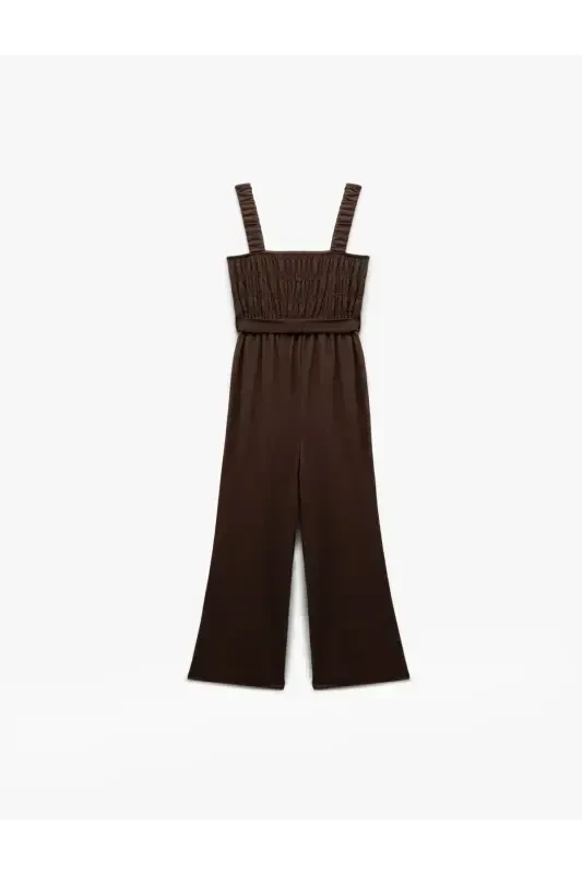 Gipeli Kare Yaka Kolsuz Beli Kuşaklı Geniş Paça Tulum Bürümcük-Kahve - 4