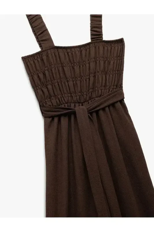 Gipeli Kare Yaka Kolsuz Beli Kuşaklı Geniş Paça Tulum Bürümcük-Kahve - 5