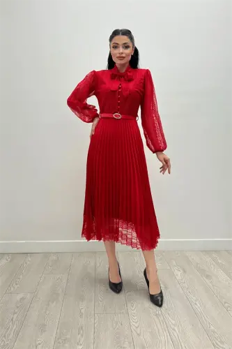 Gipür Matoli Plise Detalli Midi Ko‘ylak - QIZIL - 4