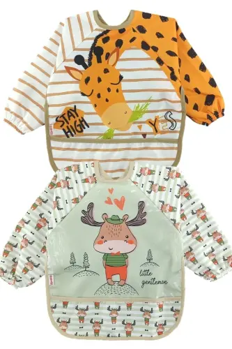 Giraffe And Deer Patterned Sleeve Pocket Baby Bib - 1