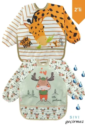 Giraffe And Deer Patterned Sleeve Pocket Baby Bib - 4