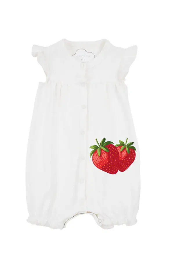 Girl Baby 100% Cotton Strawberry Print White Sleeveless Romper Shorts Jumpsuit - 1