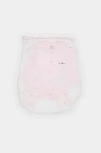 Girl Baby 4-Piece Set Patterned Long-Sleeve T-Shirt, Snap-Button Short-Sleeve Bodysuit, Elastic Waist Pants, Hat E2388A - 1