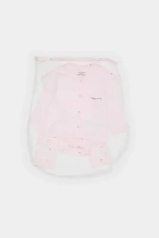 Girl Baby 4-Piece Set Patterned Long-Sleeve T-Shirt, Snap-Button Short-Sleeve Bodysuit, Elastic Waist Pants, Hat E2388A - 1