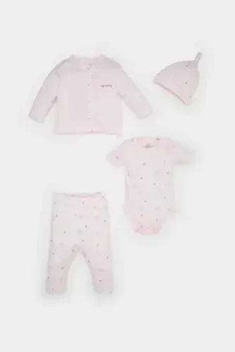 Girl Baby 4-Piece Set Patterned Long-Sleeve T-Shirt, Snap-Button Short-Sleeve Bodysuit, Elastic Waist Pants, Hat E2388A - DEFACTO (1)