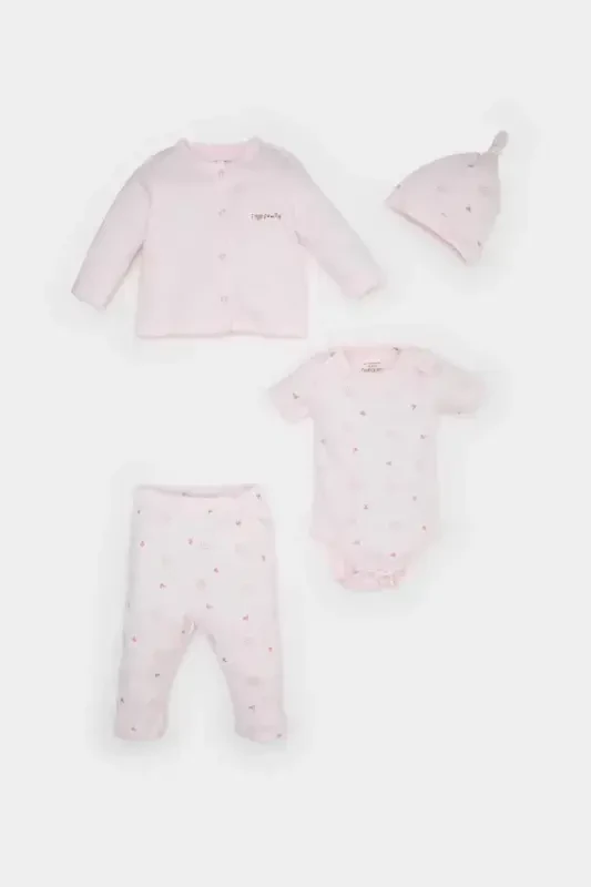 Girl Baby 4-Piece Set Patterned Long-Sleeve T-Shirt, Snap-Button Short-Sleeve Bodysuit, Elastic Waist Pants, Hat E2388A - 2