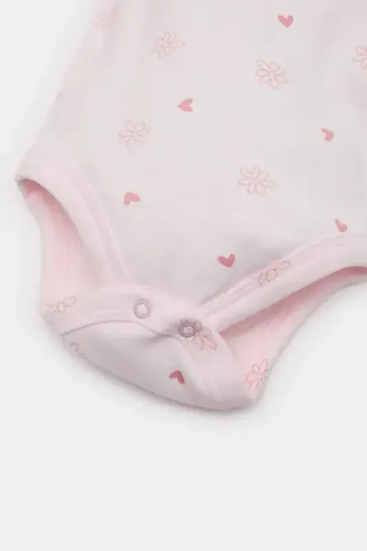 Girl Baby 4-Piece Set Patterned Long-Sleeve T-Shirt, Snap-Button Short-Sleeve Bodysuit, Elastic Waist Pants, Hat E2388A - 4