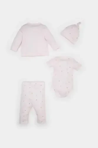 Girl Baby 4-Piece Set Patterned Long-Sleeve T-Shirt, Snap-Button Short-Sleeve Bodysuit, Elastic Waist Pants, Hat E2388A - 8
