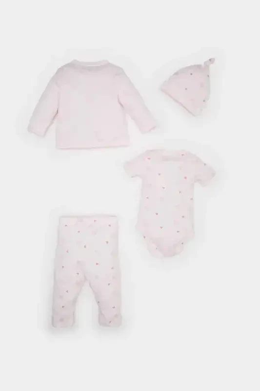 Girl Baby 4-Piece Set Patterned Long-Sleeve T-Shirt, Snap-Button Short-Sleeve Bodysuit, Elastic Waist Pants, Hat E2388A - 8
