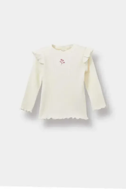 Girl Baby Bicycle Collar Floral Ribbed Ribbed Long Sleeve T-shirt-Ecru - 1