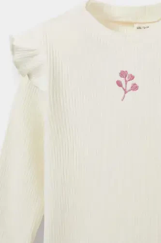 Girl Baby Bicycle Collar Floral Ribbed Ribbed Long Sleeve T-shirt-Ecru - DEFACTO (1)