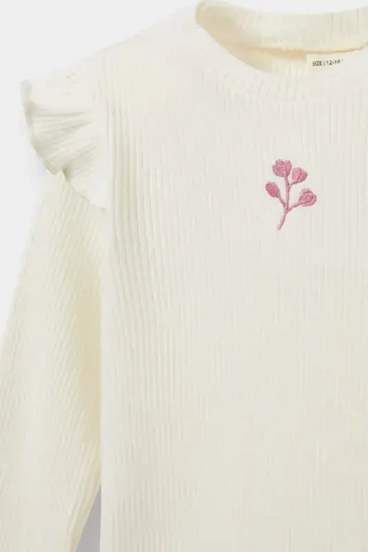 Girl Baby Bicycle Collar Floral Ribbed Ribbed Long Sleeve T-shirt-Ecru - 2