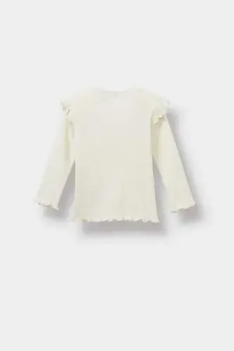 Girl Baby Bicycle Collar Floral Ribbed Ribbed Long Sleeve T-shirt-Ecru - 3