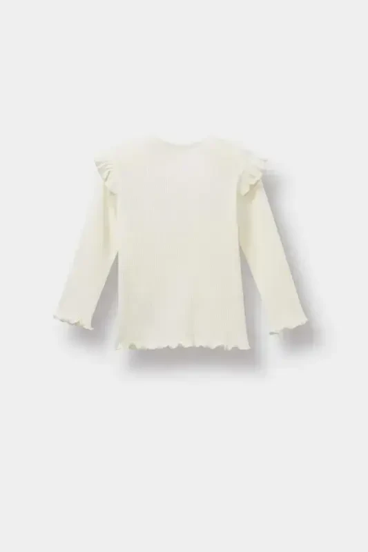 Girl Baby Bicycle Collar Floral Ribbed Ribbed Long Sleeve T-shirt-Ecru - 3