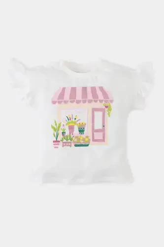 Girl Baby Bicycle Collar Printed Short Sleeve T-Shirt E7881A525SM-Ecru - 1