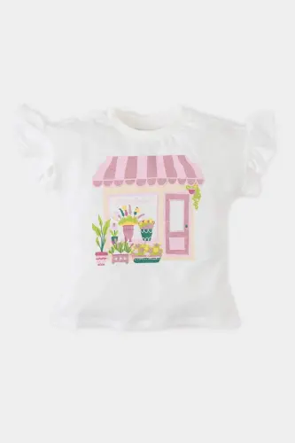 Girl Baby Bicycle Collar Printed Short Sleeve T-Shirt E7881A525SM-Ecru 