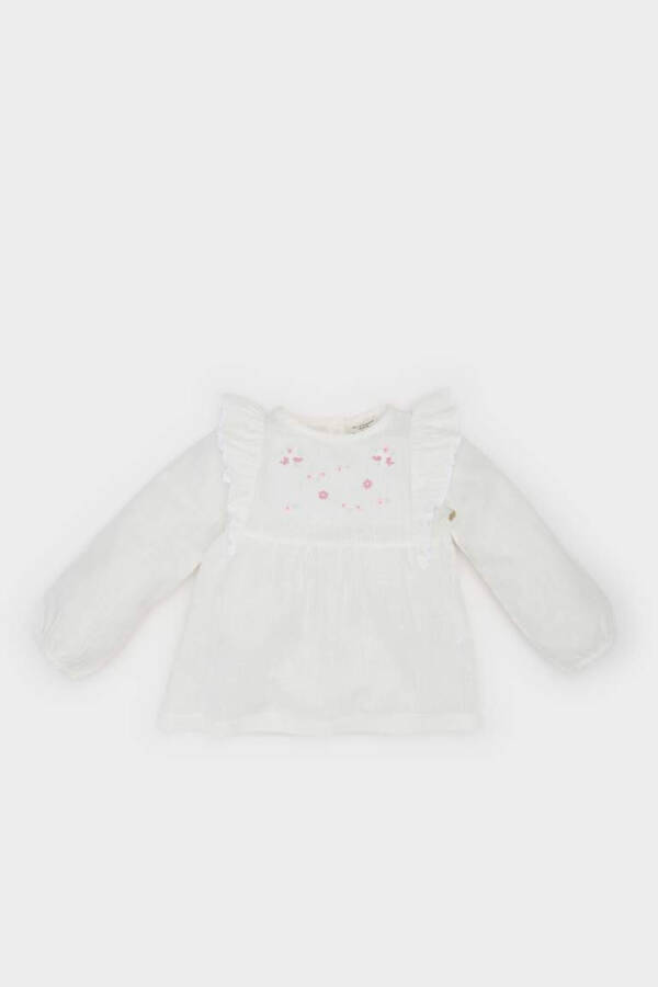 Girl Baby Bike Collar Floral Flamed Poplin Long Sleeve Shirt Off White - 1
