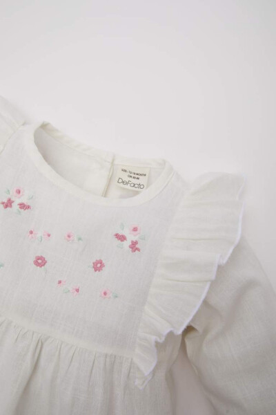 Girl Baby Bike Collar Floral Flamed Poplin Long Sleeve Shirt Off White - 2