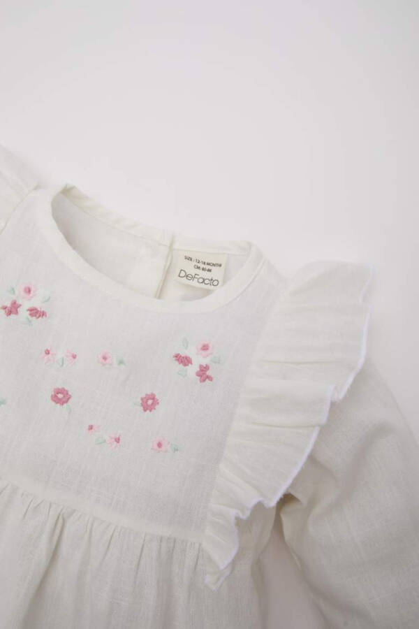 Girl Baby Bike Collar Floral Flamed Poplin Long Sleeve Shirt Off White - 2