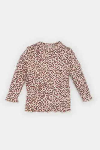 Girl Baby Bike Neck Ribbed Knitted Bodysuit Leopard Pattern Long Sleeve T-shirt E5094A525SP - 1