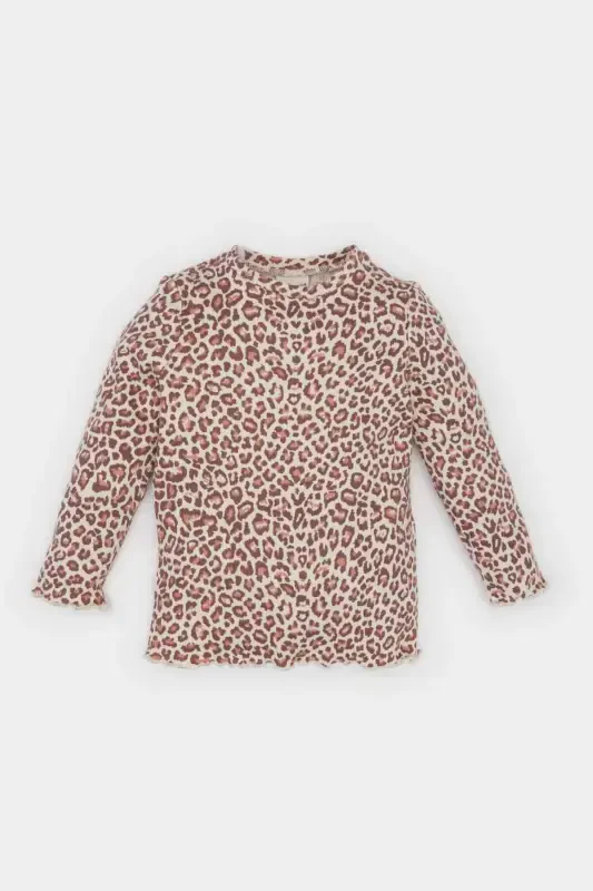 Girl Baby Bike Neck Ribbed Knitted Bodysuit Leopard Pattern Long Sleeve T-shirt E5094A525SP - 1
