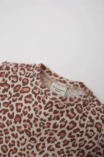 Girl Baby Bike Neck Ribbed Knitted Bodysuit Leopard Pattern Long Sleeve T-shirt E5094A525SP - DEFACTO (1)