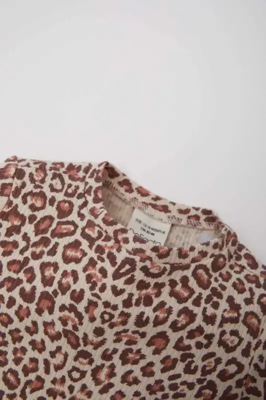Girl Baby Bike Neck Ribbed Knitted Bodysuit Leopard Pattern Long Sleeve T-shirt E5094A525SP - 2