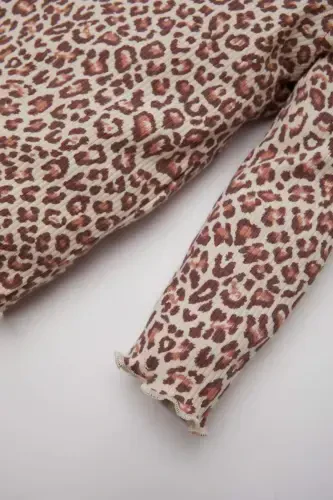 Girl Baby Bike Neck Ribbed Knitted Bodysuit Leopard Pattern Long Sleeve T-shirt E5094A525SP - 3
