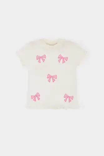 Girl Baby Bike Neck Ribbon Printed Ribbed Cardigan Short Sleeve T-shirt E6681A525SM - 1
