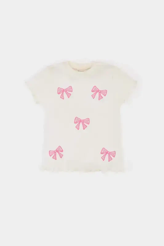 Girl Baby Bike Neck Ribbon Printed Ribbed Cardigan Short Sleeve T-shirt E6681A525SM - 1