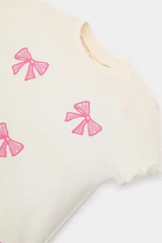 Girl Baby Bike Neck Ribbon Printed Ribbed Cardigan Short Sleeve T-shirt E6681A525SM - DEFACTO (1)
