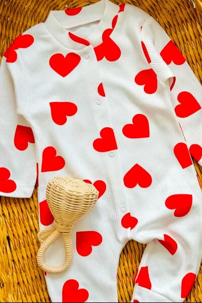 Girl Baby Heart Print Snap Baby Romper 100% Cotton Stretchy 1-3-6 Months - DINAMIK ÇOCUK (1)