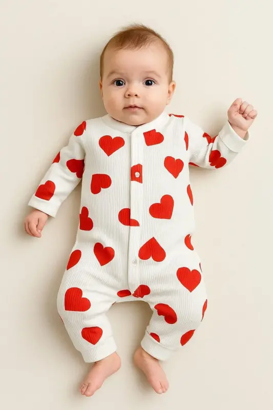 Girl Baby Heart Print Snap Baby Romper 100% Cotton Stretchy 1-3-6 Months - 1