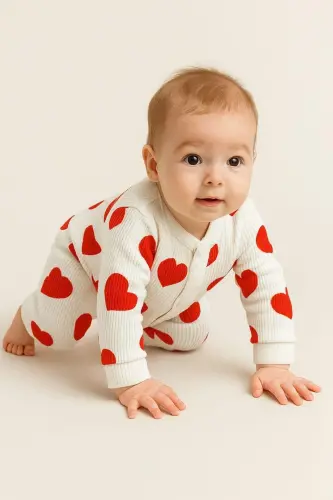 Girl Baby Heart Print Snap Baby Romper 100% Cotton Stretchy 1-3-6 Months - DINAMIK ÇOCUK (1)