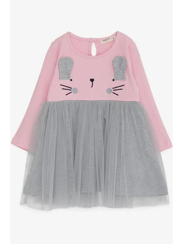 Girl Baby Long Sleeve Dress Kitten Embroidered Pink (1.5 Years)-Pink - 4