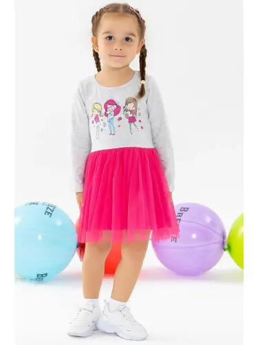 Girl Baby Long Sleeve Dress Printed Light Grey Melange (1.5 Years)-Gray - 2