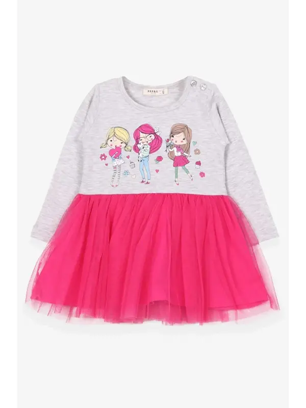 Girl Baby Long Sleeve Dress Printed Light Grey Melange (1.5 Years)-Gray - 3